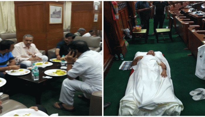വിശ്വാസ വോട്ടെടുപ്പ് വൈകുന്നു; സഭയുടെ നടുത്തളത്തില് കിടന്നുറങ്ങി വിശ്വാസ വോട്ടെടുപ്പ് വൈകുന്നു; സഭയുടെ നടുത്തളത്തില് കിടന്നുറങ്ങി