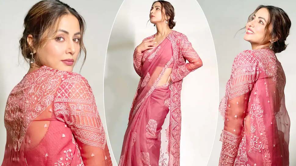 Hina Khan exudes warmth in ethnic saree with cape jacket, see wonderful photos |  Hina Khan Saree Look: overcoat with sari .. !!  Hina Khan’s elegant saree looks viral