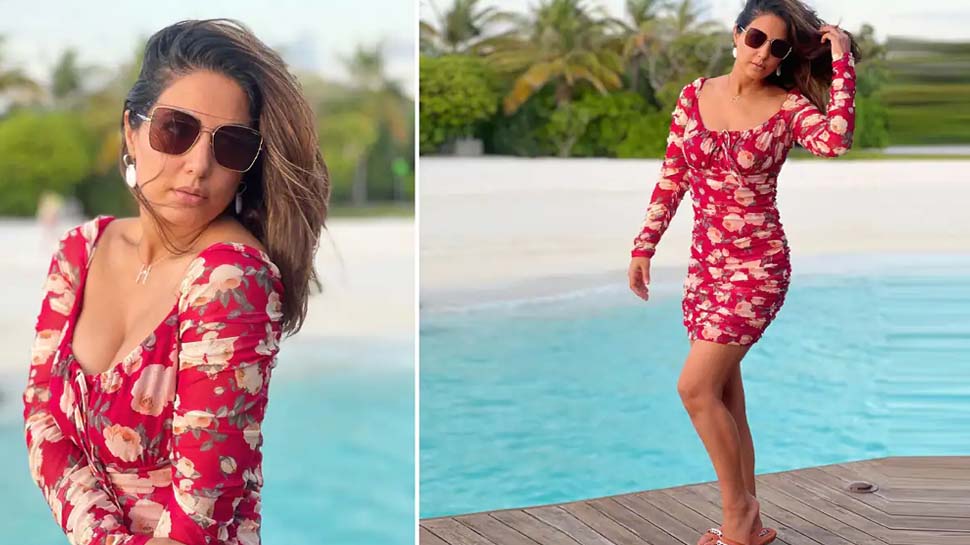 Hina Khan exudes warmth in red floral dress during the holidays, viral photos |  Hina Khan: Hina Khan in a sexy floral dress, fan photos of her went viral