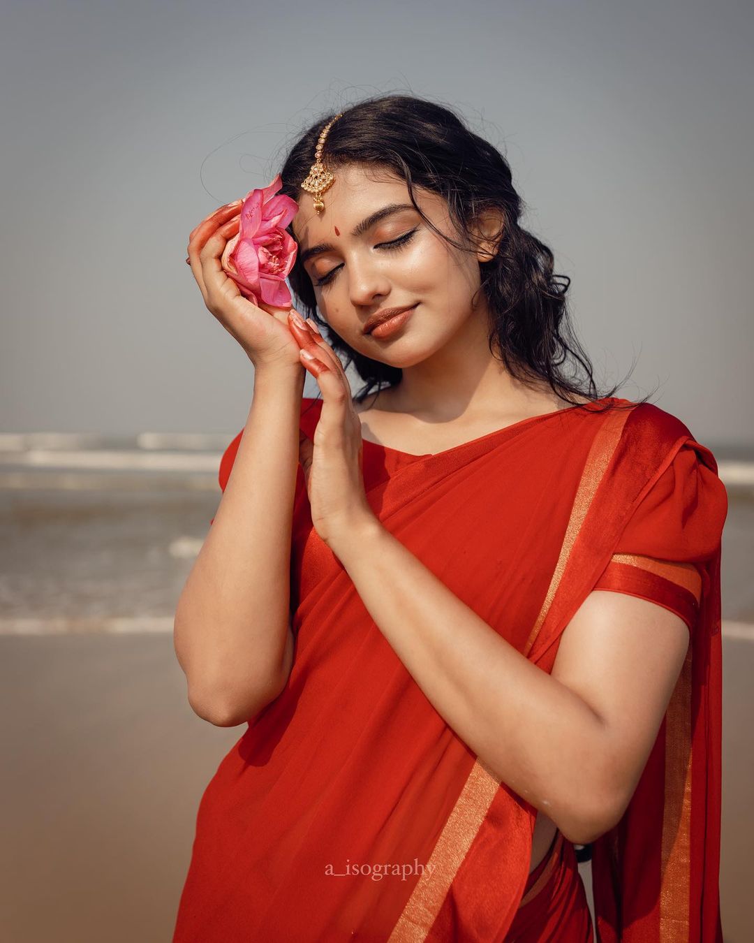 Mamitha Baiju Look In Red Saree Mamitha Baiju Photoshoot