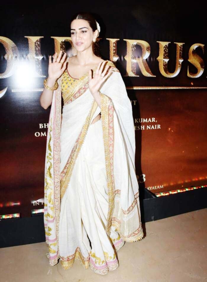 Kriti Sanon With Perfect Sita Vibes In Gorgeous White Golden Saree At Adipurush Trailer Launch