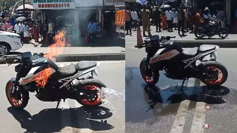 Bike Caught Fire: ഓടുന്നതിനിടയില്‍ ബൈക്കിന് തീപിടിച്ചു; ബൈക്ക് യാത്രക്കാര്‍ അത്ഭുതകരമായി രക്ഷപ്പെട്ടു- വീഡിയോ