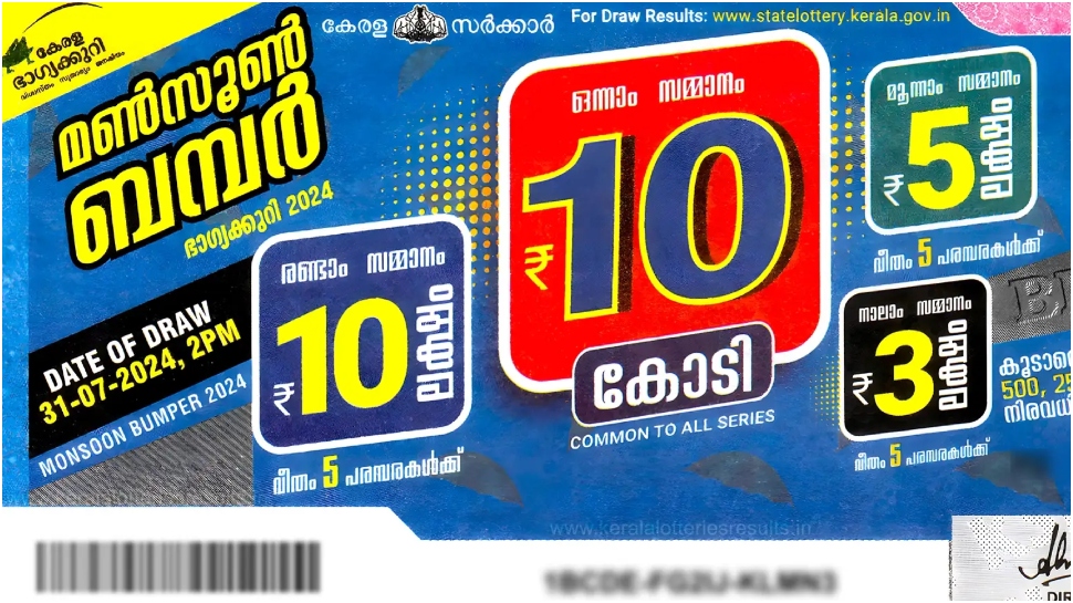 Monsoon Bumper 2024: ഭാഗ്യശാലിയെ കാത്തിരിക്കുന്നത് 10 കോടി; മൺസൂൺ ബമ്പർ നറുക്കെടുപ്പ് 31ന് Monsoon Bumper 2024: ഭാഗ്യശാലിയെ കാത്തിരിക്കുന്നത് 10 കോടി; മൺസൂൺ ബമ്പർ നറുക്കെടുപ്പ് 31ന്