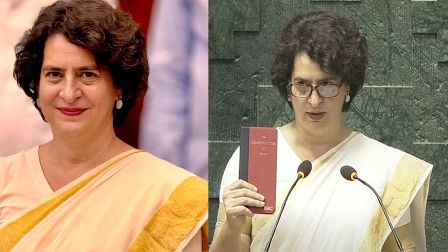 Priyanka Gandhi: പ്രിയങ്ക ​ഗാന്ധി, മെമ്പർ‍ ഓഫ് പാർലമെന്റ്; കേരള സാരിയിൽ ഭരണഘടന ഉയർത്തിപിടിച്ച് വയനാട് എംപിയായി സത്യപ്രതിജ്ഞ 