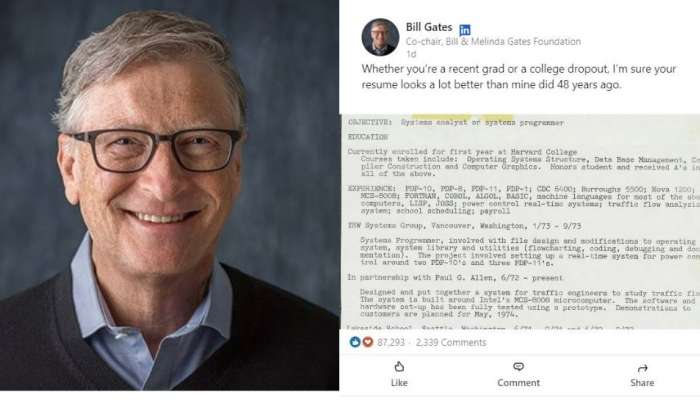 തൊഴിലന്വേഷകർക്ക് പ്രചോദനമായി ബിൽ ഗേറ്റ്സ്; 48 വർഷം പഴക്കമുള്ള ആദ്യ ബയോഡേറ്റ പങ്കുവെച്ച് കുറിപ്പ്