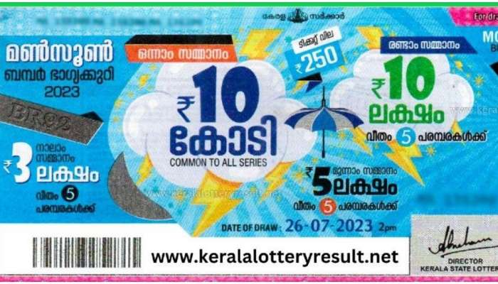 Kerala Lottery result today 26.07.2023 Monsoon Bumper lottery result | Kerala Lottery result 26 July 2023: ഒന്നാം സമ്മാനം 10 കോടി; മണ്‍സൂണ്‍ ബമ്പര്‍ നറുക്കെടുപ്പ് ഫലം പ്രഖ്യാപിച്ചു